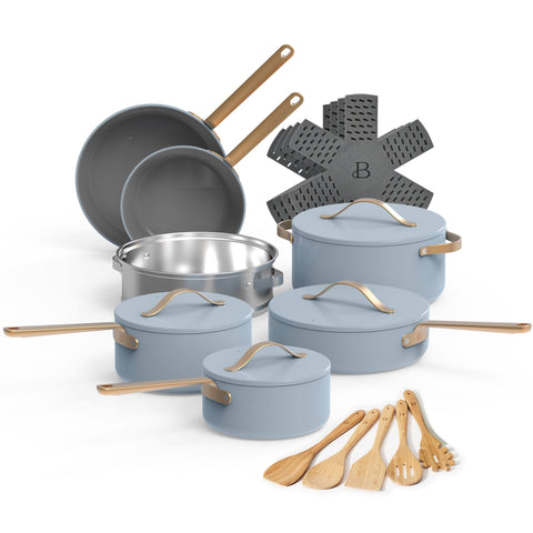 Beautiful 20pc Ceramic Non-Stick Cookware Set, Cornflower Blue by Drew Barrymore