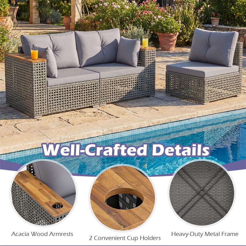 86.5" 3-Seat Patio Wicker Sofa, 3PCS Modular PE Rattan Sectional Furniture Set with Cup Holders & Wood Armrests, Outdoor Couch for Garden Yard