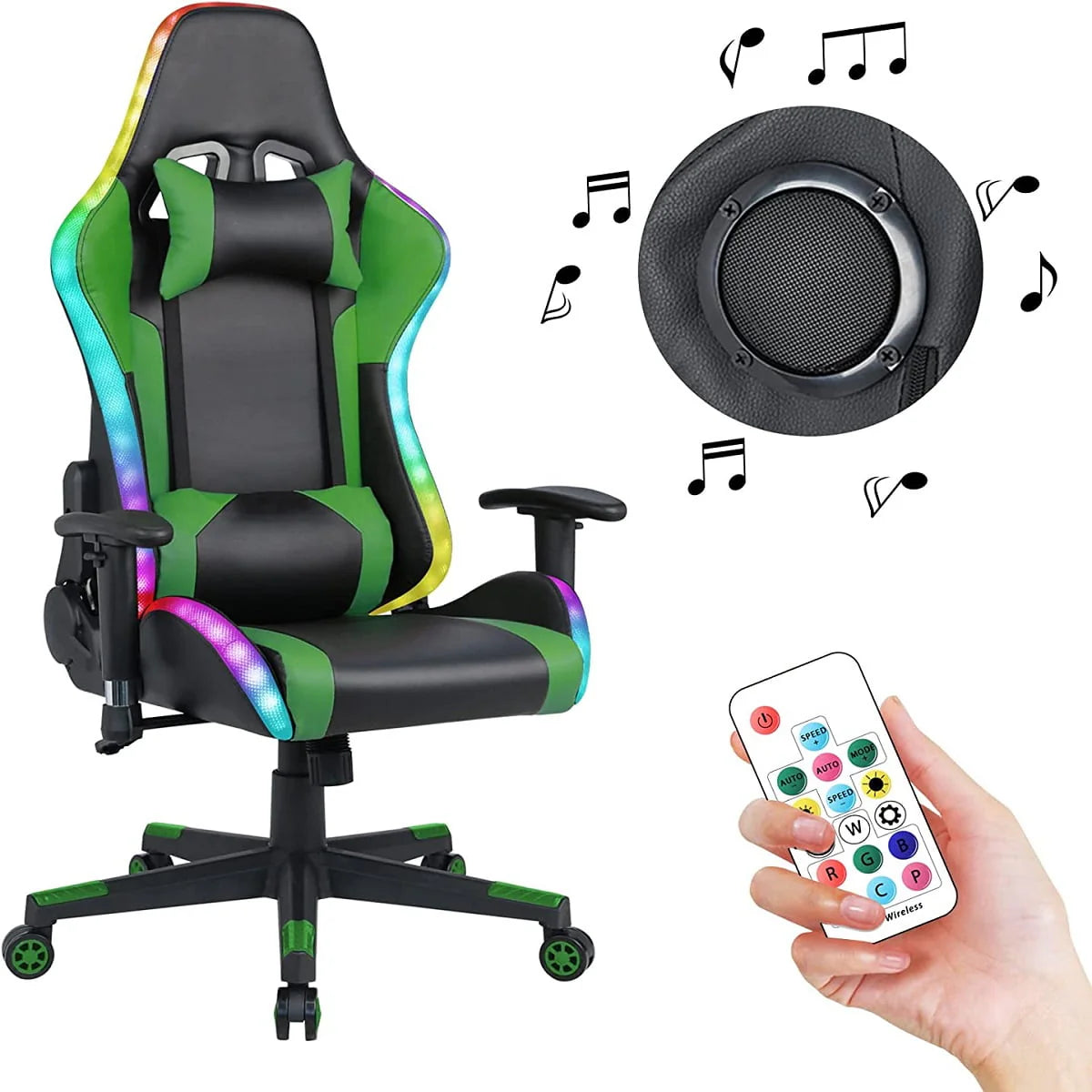 Homemiyn Gaming Chair with Speakers Video and RGB LED Lights, Pink PU Leather Ergonomic Racing Office Chair