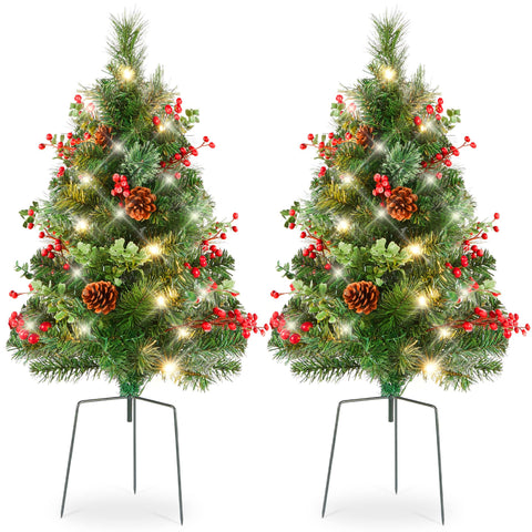 Best Choice Products Set of 2 24.5in Pre-Lit Pathway Christmas Trees Decor w/ LED Lights Berries Pine Cones Ornaments
