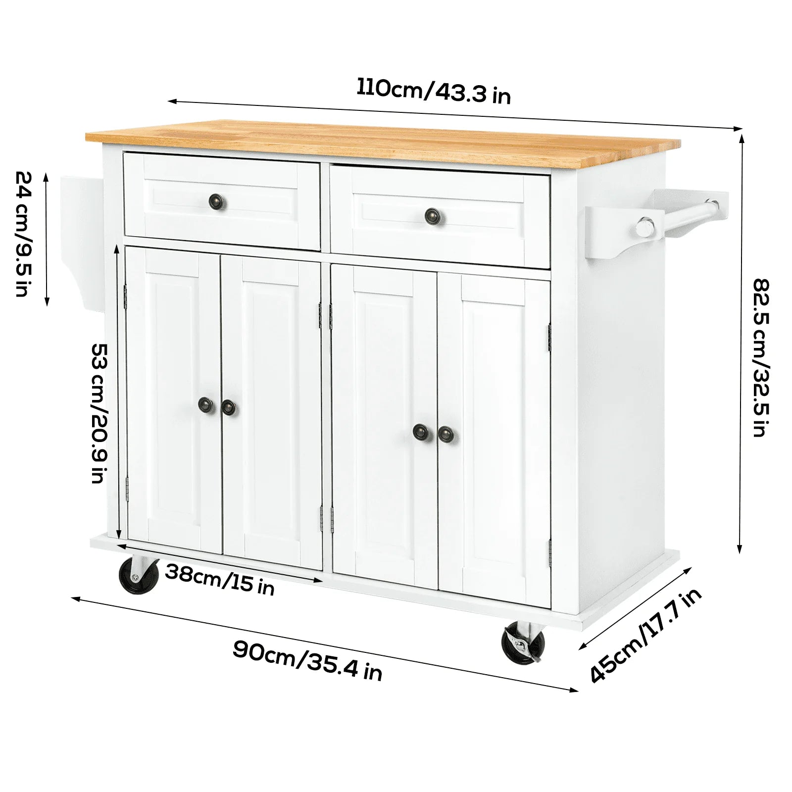 Richya Kitchen Island with Storage, Rolling Kitchen Cart with Lockable Wheels, Rubber Wood Tabletop Kitchen Island Table for Kitchen, Living Room, White