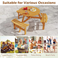 6-Person Round Wood Picnic Table Set with 3 Built-in Benches & 2" Umbrella Hole, Holds 1850 LBS, Outdoor Dining Table & Bench for Patio Garden