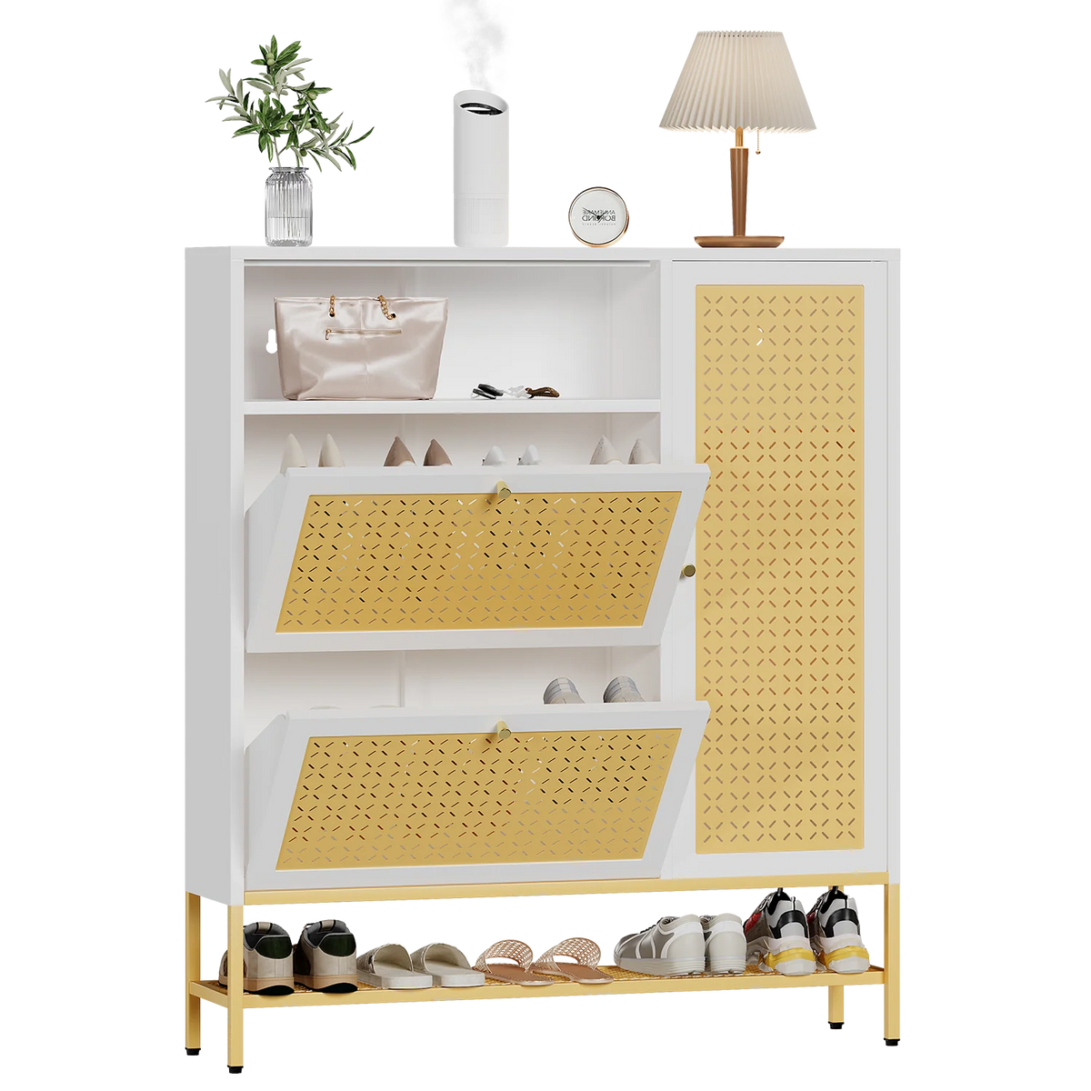 AECOJOY Shoe Storage Cabinet with 2 Flip Drawers - Hidden Shoe Organizer for Entryway, Metal Shoe Rack with Door & Open Storage