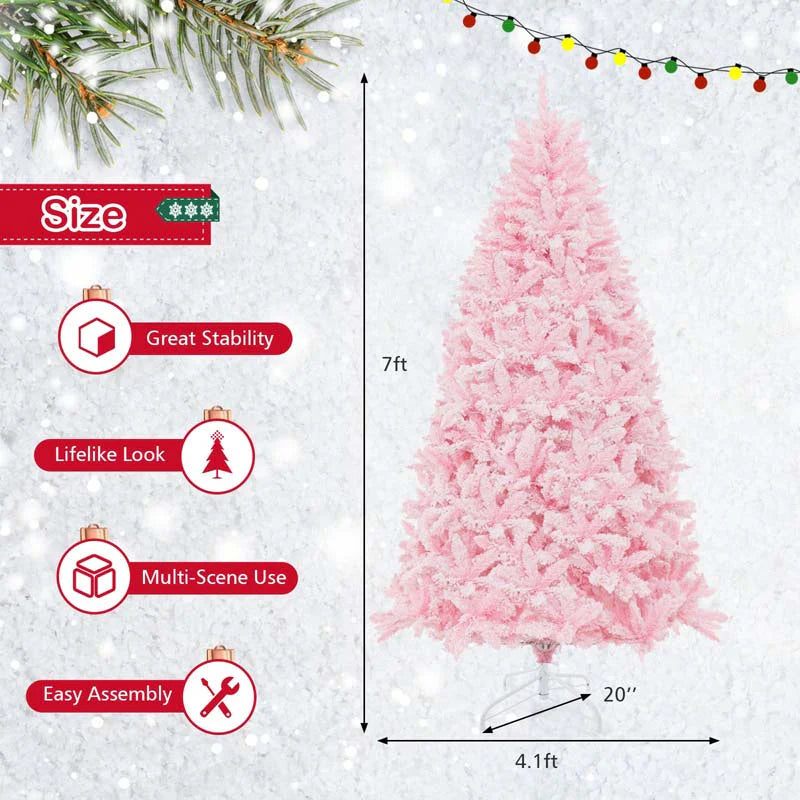 7 FT Pre-lit Pink Artificial Christmas Tree, Hinged Snow Flocked Holiday Tree with 1200 Tips, 500 Multi-Color LED Lights & 8 Modes for Home Decor