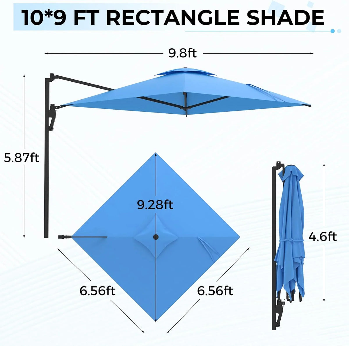 AECOJOY 10ft Cantilever Patio Umbrella, Large Rectangle Umbrella 180° Rotation Offset, Blue