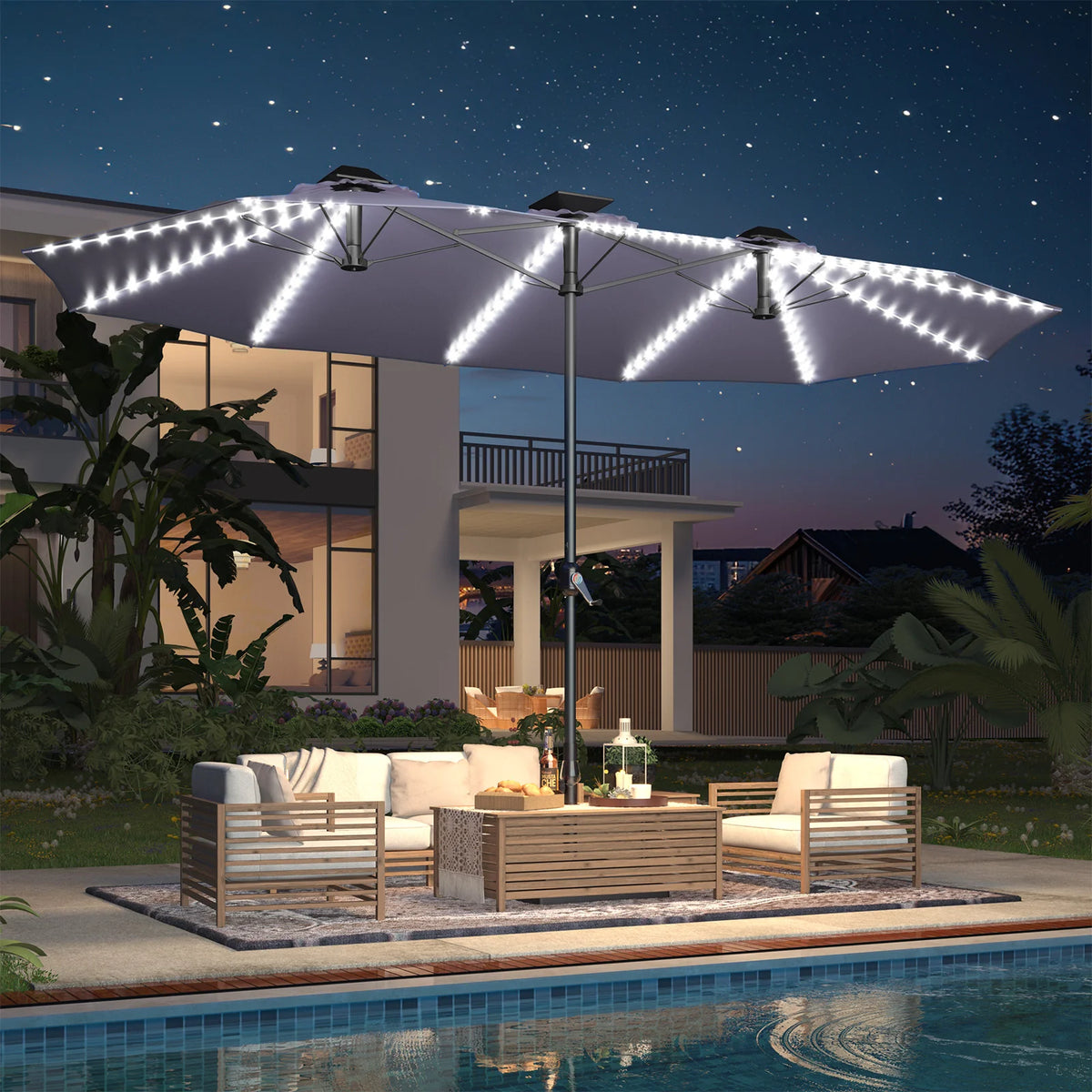 AECOJOY 15ft Patio Double-Sided Umbrella, 156 PCS Solar LED Light Outdoor Large Umbrella, Dark Grey