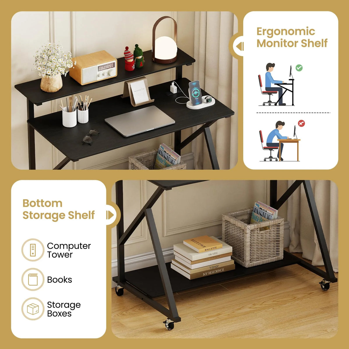Tangkula 39.5" Mobile Computer Desk with Power Outlets for Home Office Bedroom