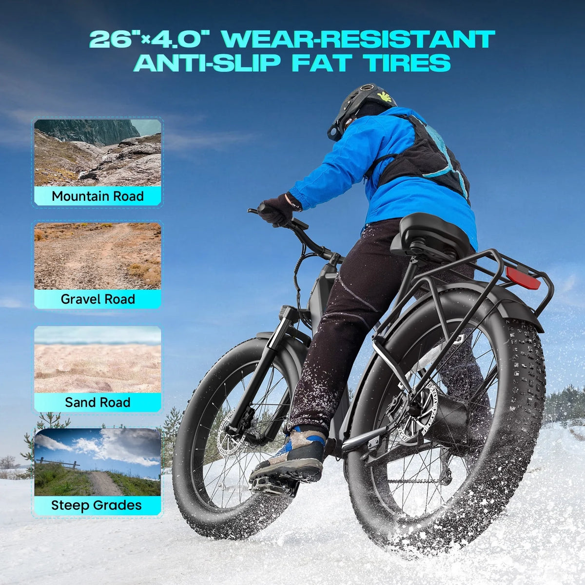 Gocio Electric Bike, 26"x4.0" Fat Tire E - Mountain Bike, Peak 1000W Motor, 28MPH 48V 15ah Battery Removable Ebike for Off Road, Sand, UL2849