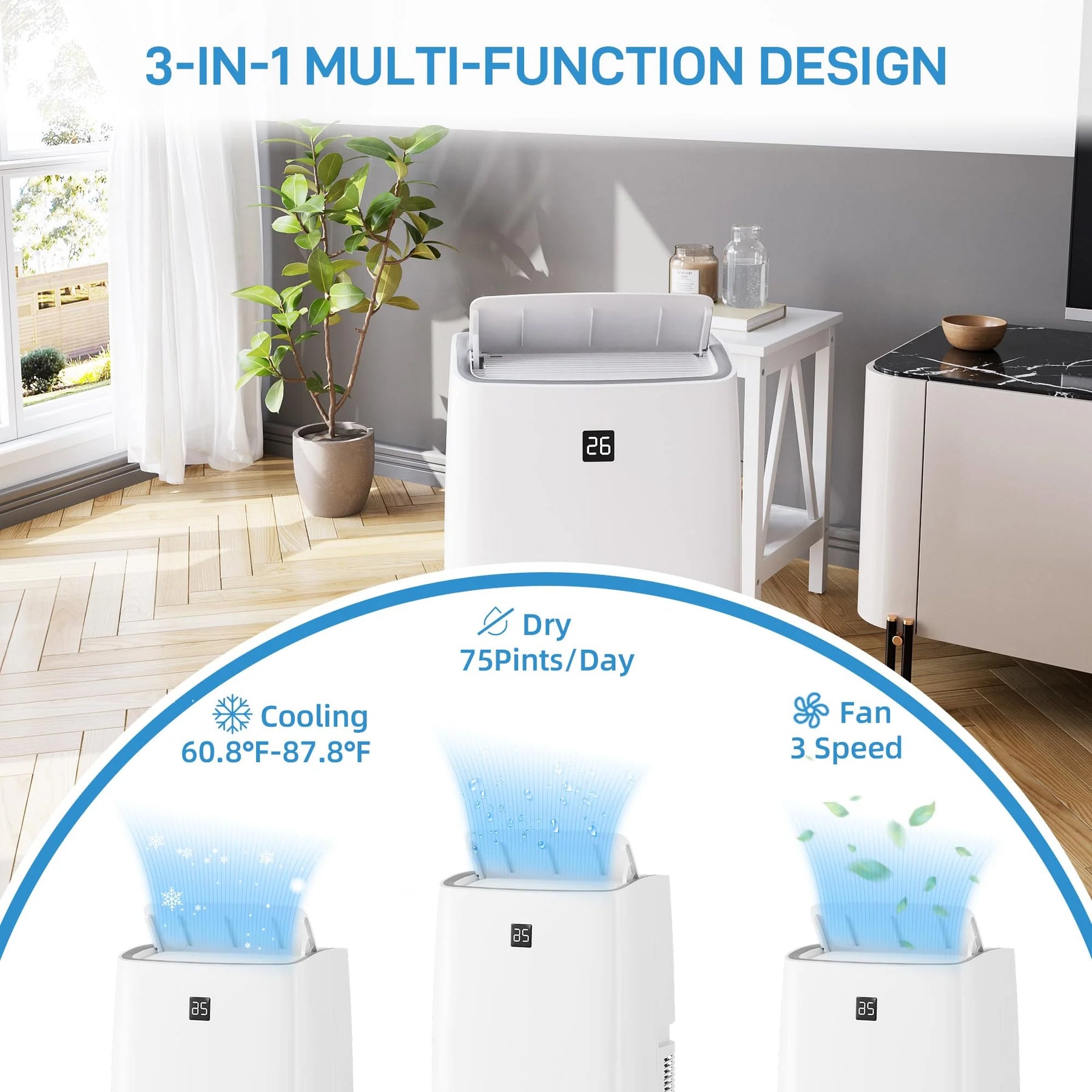 TROPOW 14000BTU Portable Air Conditioners Cool up to 750 Sq.ft, 4 in 1 Portable AC Unit with Remote Control/Dehumidifier/3 Speeds Fan/Sleep Mode for Living Room, Bedroom, Office