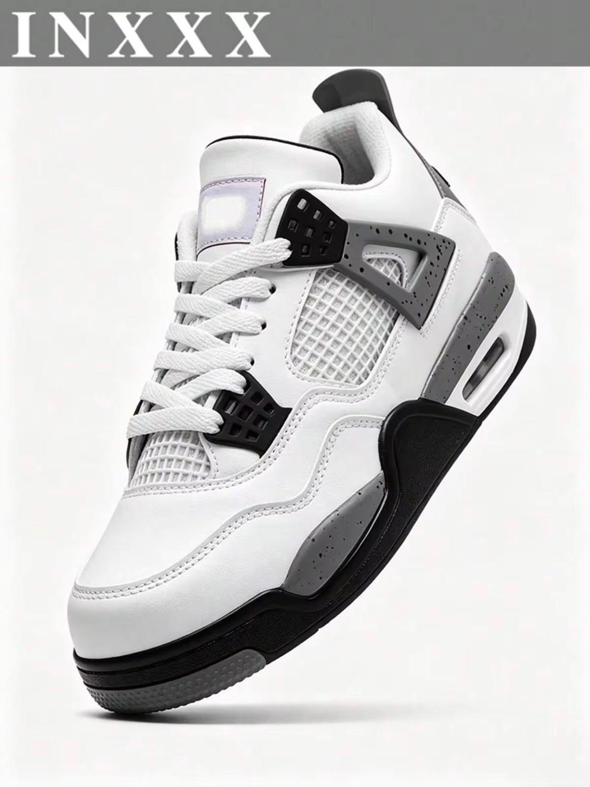 Men's White Grey Black Speckled Street Sneakers, AJ4 Inspired Non-Slip Trainers For Daily Clean Neutral Looks