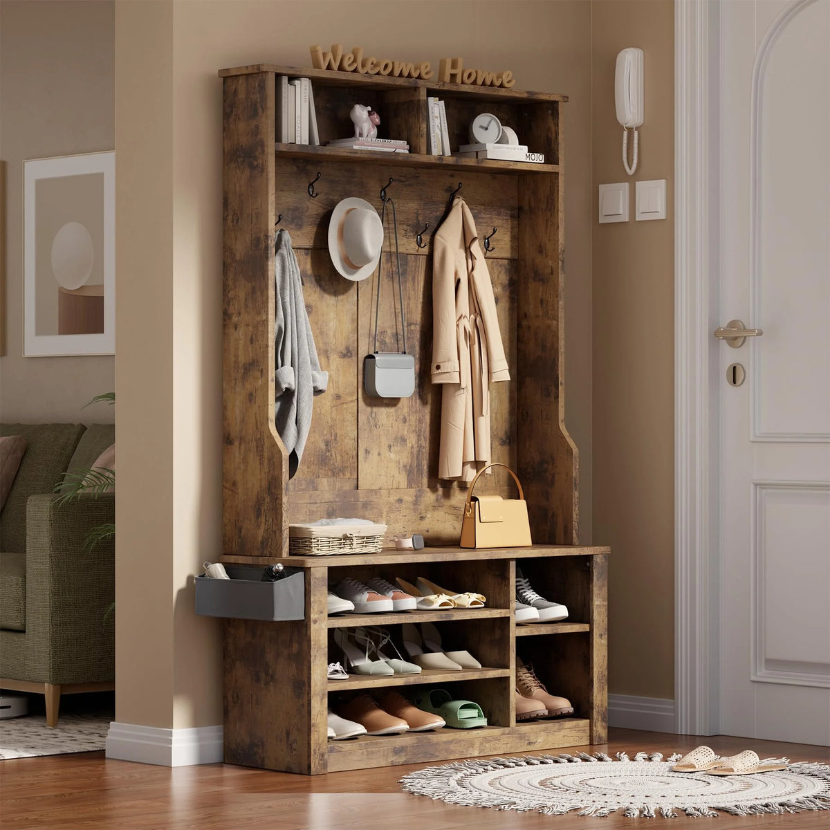 Lofka 5 - in - 1 Hall Tree with Bench and Shoe Storage, Entryway Hall Tree with Coat Rack, Adjustable Shoe Storage, 2 - Tier Top Storage, White