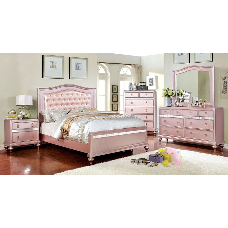 Contemporary Rosé Gold Twin Size Bed 6pc Set Dresser Mirror Nightstand Chest Padded HB Tufted Bedroom Furniture Solid Wood