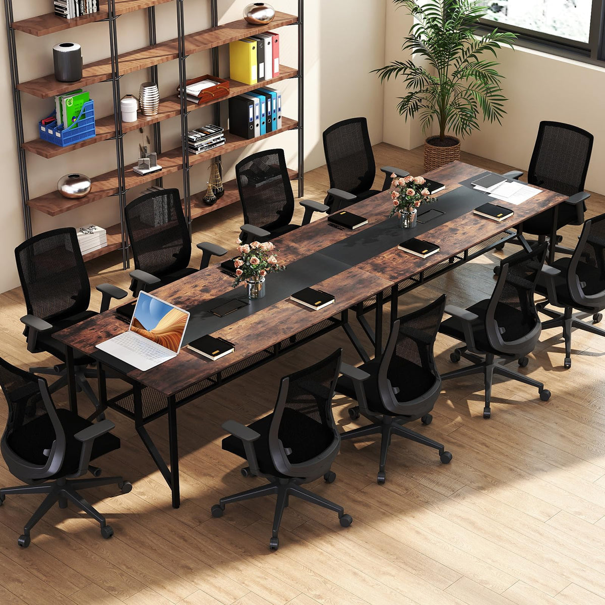 Tangkula  Rectangular Meeting Table with Mesh Storage Shelf & Cable Grommet for 6-8 People