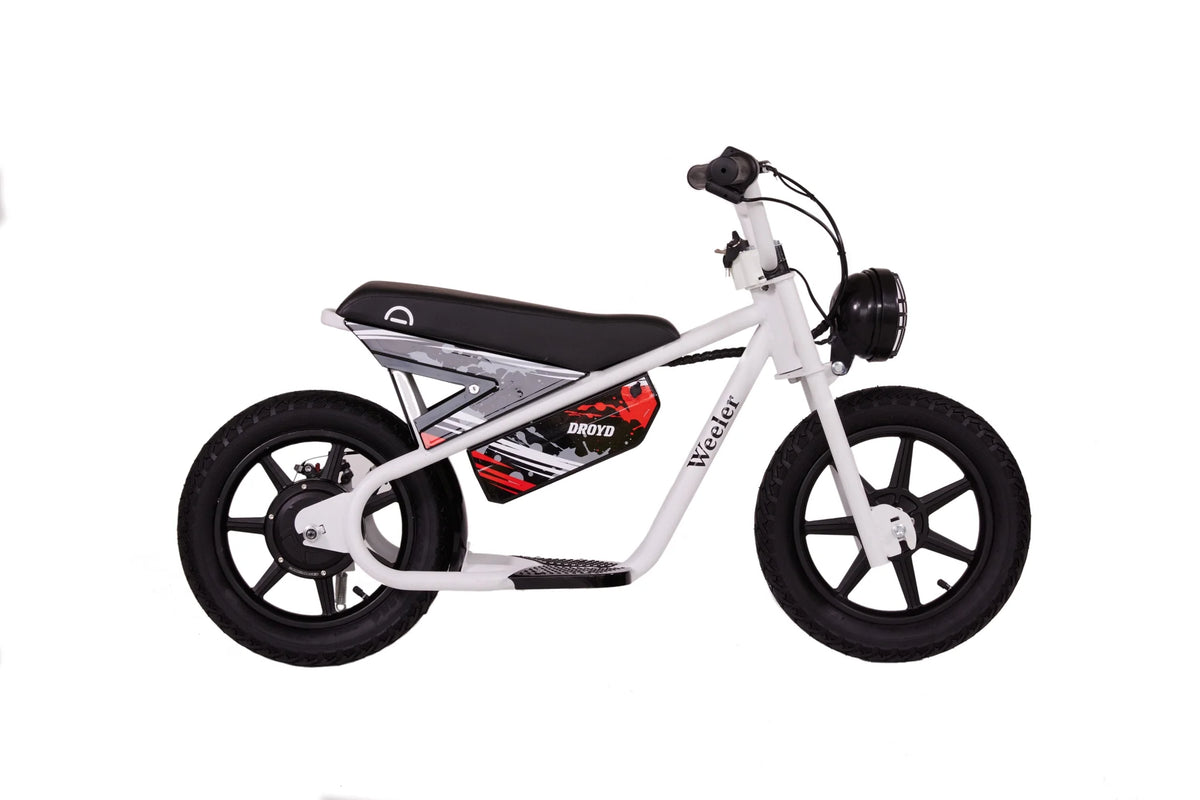 Droyd Weeler Electric Mini Bike - 24V 8ah Battery, 6 - 10 MPH, up to 8 Miles, LED Lights, Kids Ages 6+