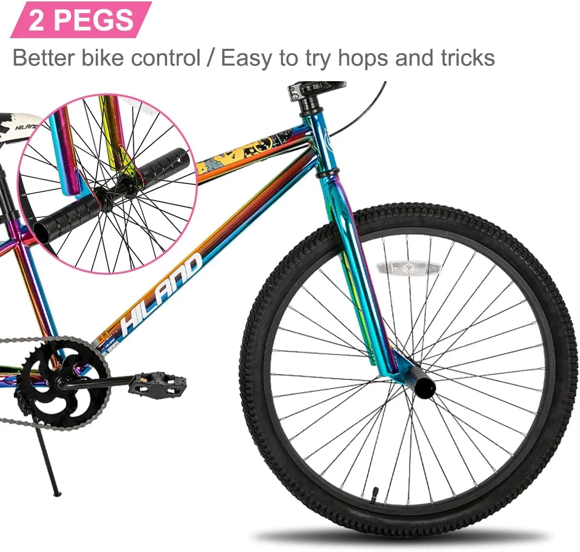 Hiland BMX BIKE 24 & 26 in, Beginner - Level to Advanced Riders with 2 Pegs for Adults, Multiple Colors