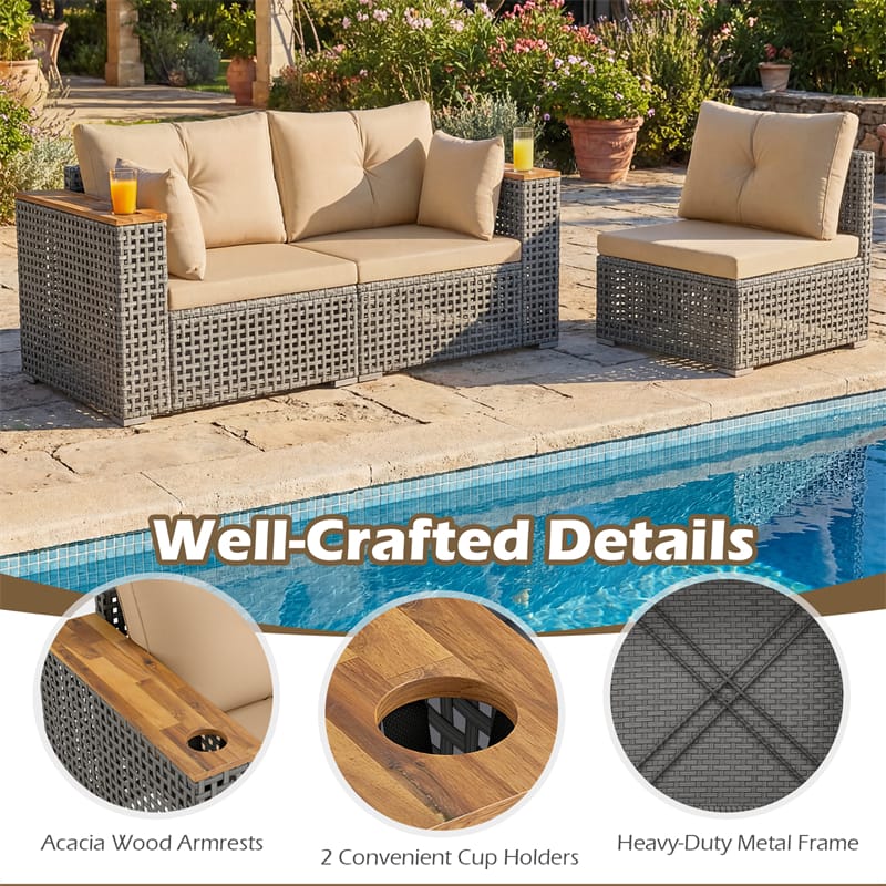 86.5" 3-Seat Patio Wicker Sofa, 3PCS Modular PE Rattan Sectional Furniture Set with Cup Holders & Wood Armrests, Outdoor Couch for Garden Yard