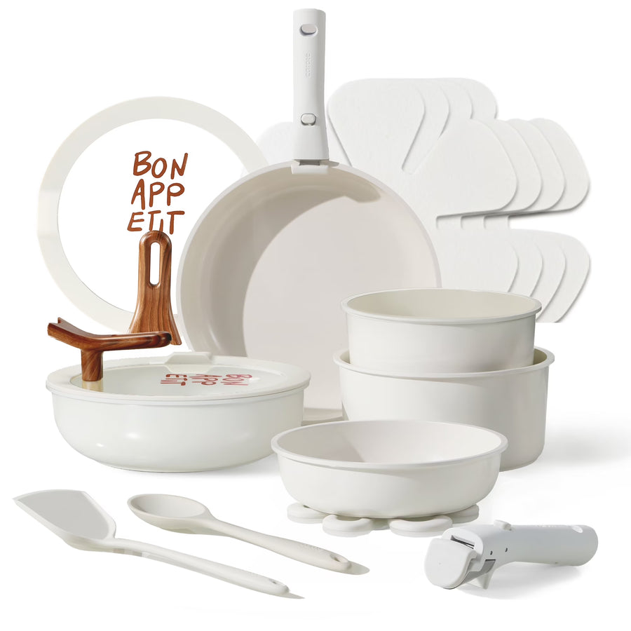 Carote 18 Pcs Ceramic Nonstick Cookware Set, Pots and Pans Set with Detachable Handles, Oven/Dishwasher Safe, Stackable Kitchen Cooking Set, White