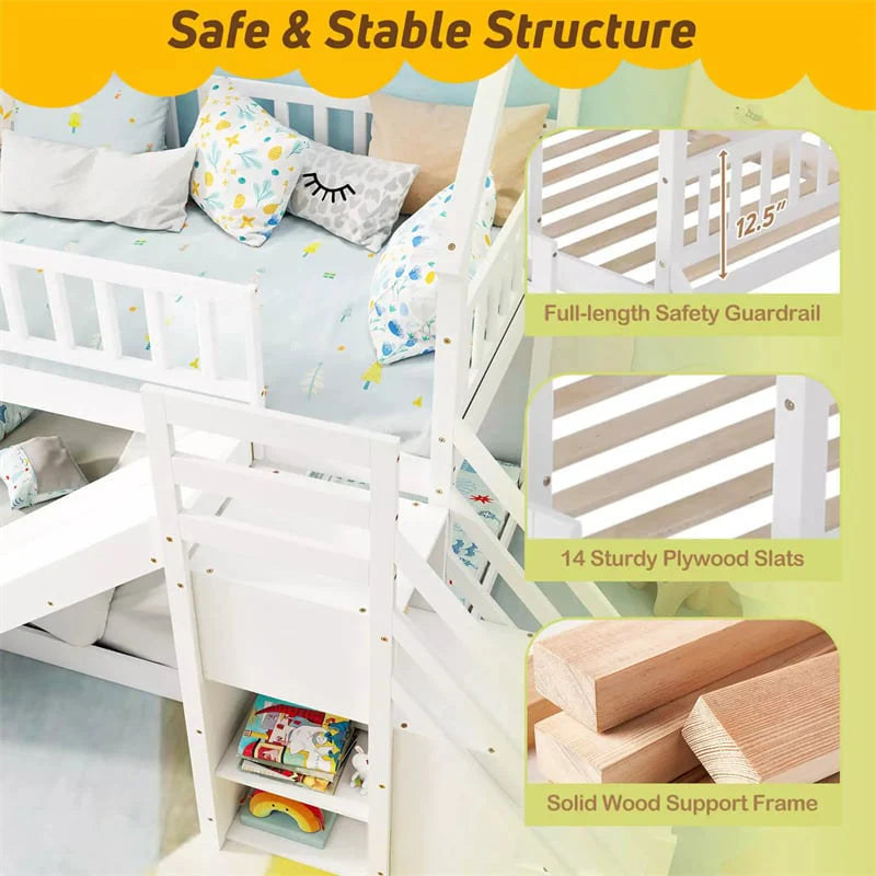 Twin Over Twin Bunk Bed House Design with Slide, Staircases & Storage Compartments, No Box Spring Needed, Wood Twin Floor Bed for Kids Teens