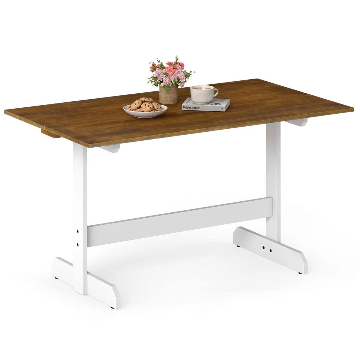 Tangkula 55 Inch Dining Table for 4-6 People Rectangular Kitchen Table with Solid Wood Trestle Base