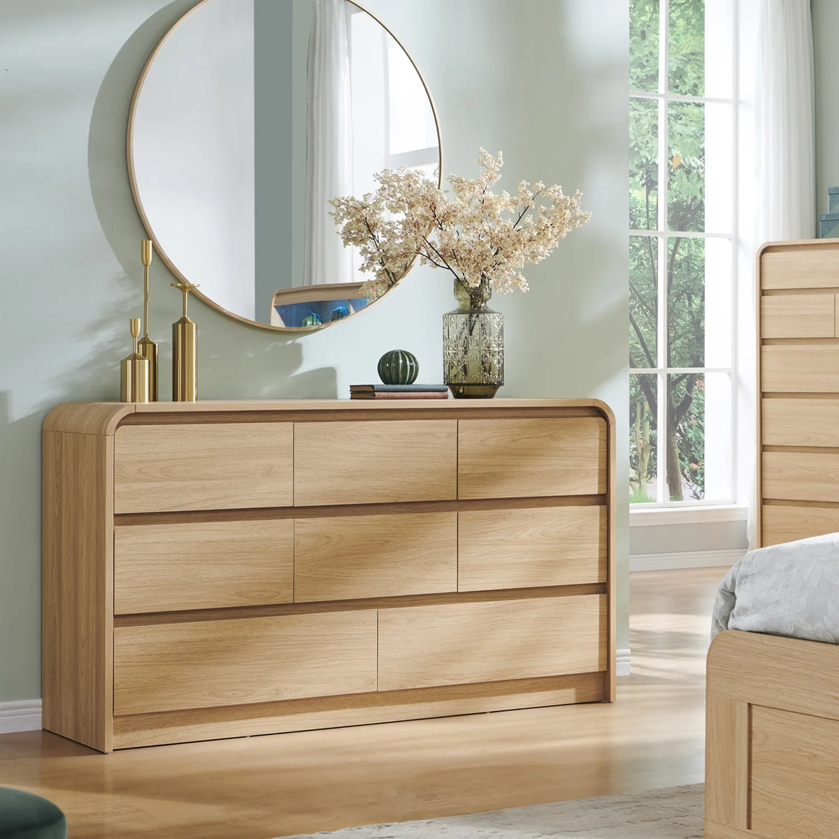Wow97e Modern 8 Drawers Dresser for Bedroom, 55" Wide Wood Chest of Drawers W/Curved Profile Design, for Bedroom, Living Room, Natural Oak
