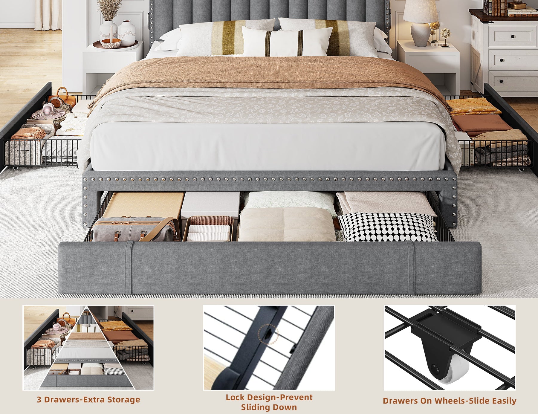 Enhomee Queen Bed Frame with 3 Storage Drawers Upholstered Queen Size Bed Frame with Headboard Noise Free Platform Bed with Metal Frame & Wood Slats Support Beige Bedroom Furniture for Adults Clothes