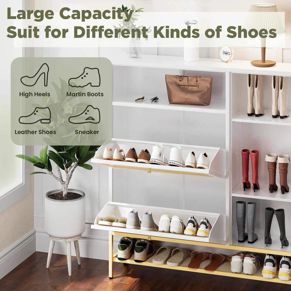 AECOJOY Shoe Storage Cabinet with 2 Flip Drawers - Hidden Shoe Organizer for Entryway, Metal Shoe Rack with Door & Open Storage