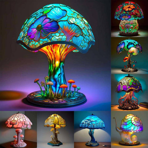 Mmoneyake Painting Mushroom Table Lamp, 5.9 inch Hight Stained Plant Series Night Light, Bohemian Resin Mushroom Decorative Bedside Lamp for Bedroom