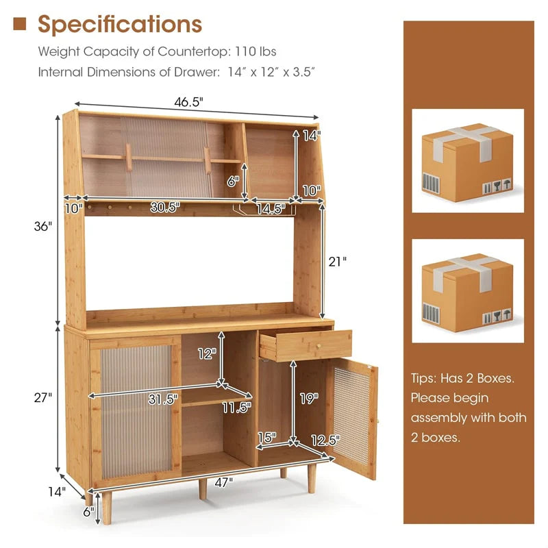 69" Tall Bamboo Kitchen Pantry Hutch Cabinet, Freestanding Buffet Sideboard with Rattan Door, Wine Storage & Microwave Countertop for Coffee Bar