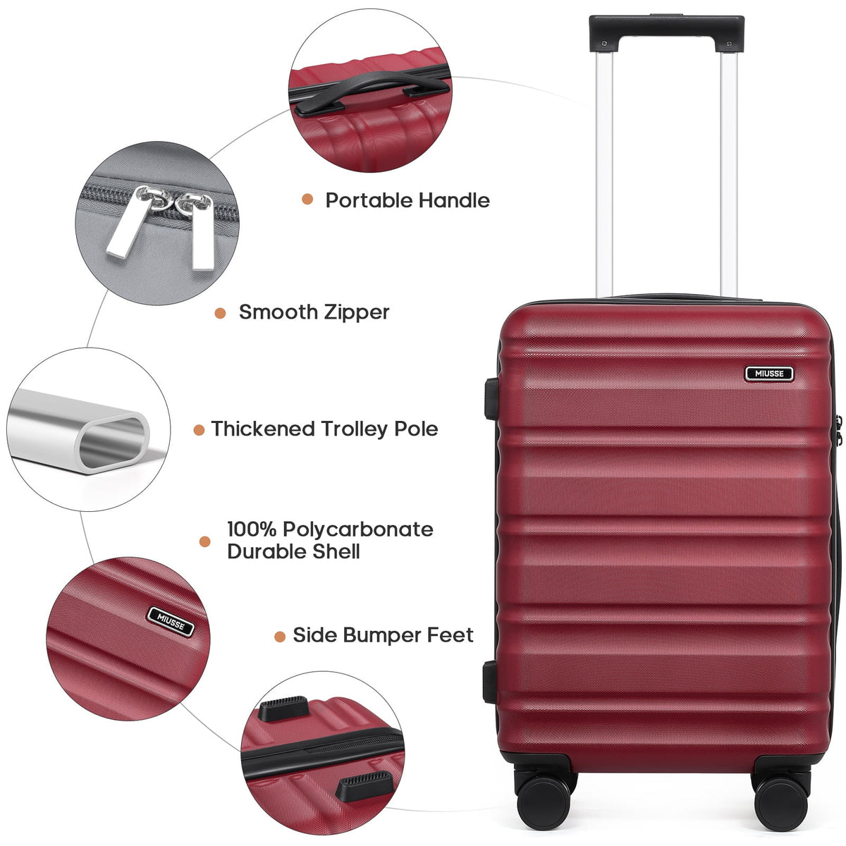 MIUSSE Luggage Sets 3 Piece, 20 in Carry on Luggage with Wheels, 100% PC Hardshell Suitcase with TSA Lock, Carry on Suitcases Airline Approved with Travel Backpack for Men Women