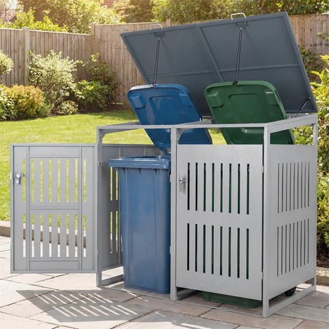 44 Cu.Ft Outdoor Trash Can Storage Shed for 2 Bins, Metal Garbage Can Organizer with Gas Struts, Shock Absorbers, Lockable Doors & Slant-Roof