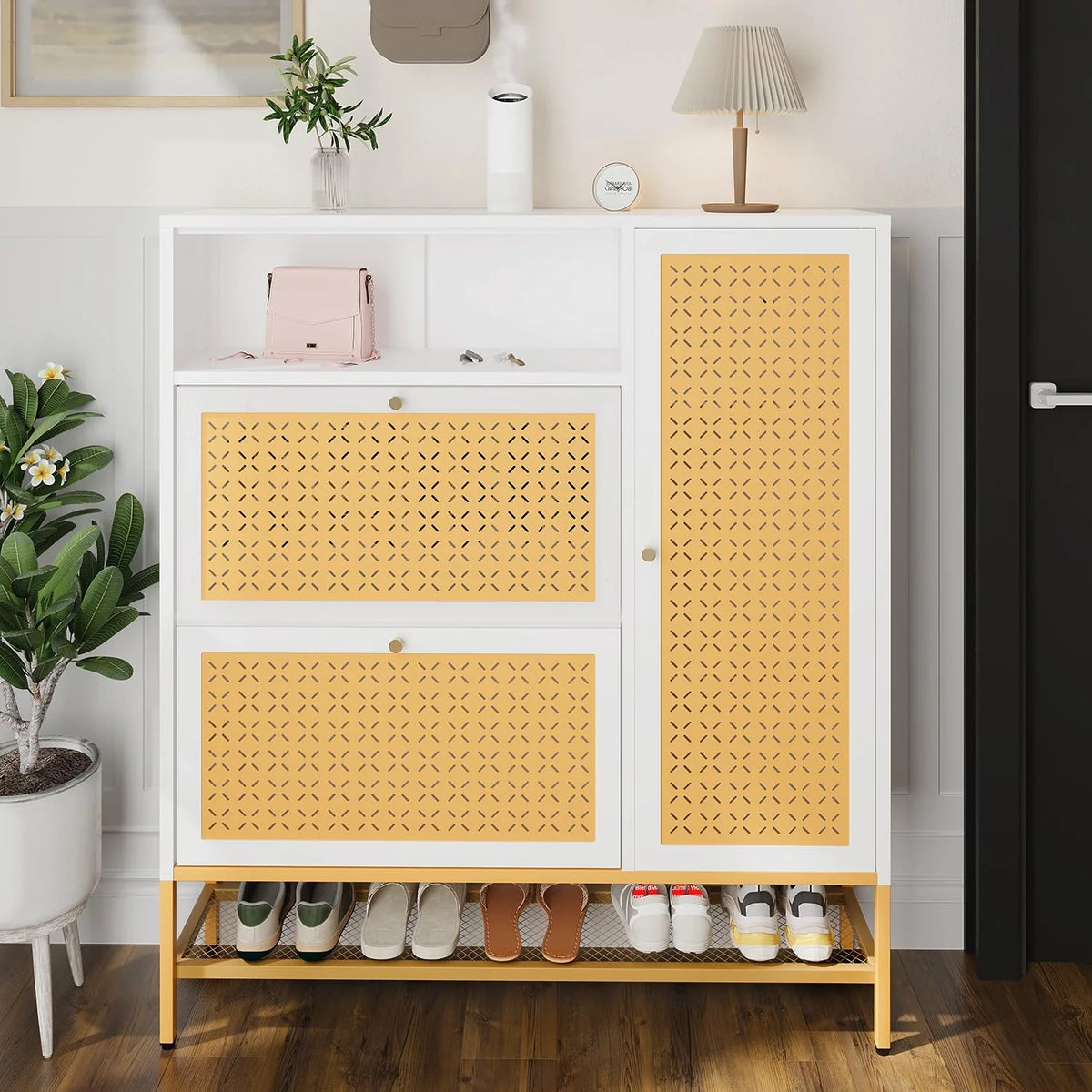 AECOJOY Shoe Storage Cabinet with 2 Flip Drawers - Hidden Shoe Organizer for Entryway, Metal Shoe Rack with Door & Open Storage