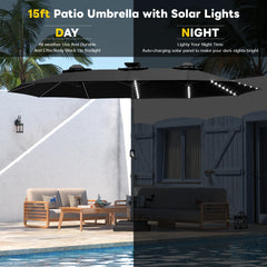 AECOJOY 15ft Patio Double-Sided Umbrella, 156 PCS Solar LED Light Outdoor Large Umbrella, Black