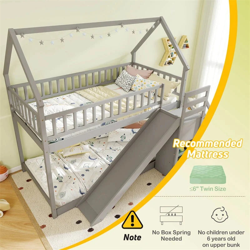 Twin Over Twin Bunk Bed House Design with Slide, Staircases & Storage Compartments, No Box Spring Needed, Wood Twin Floor Bed for Kids Teens