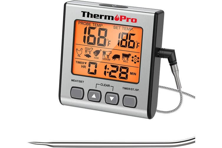 ThermoPro TP-16 Large LCD Digital Cooking Food Meat Thermometer for Smoker Oven Kitchen BBQ Grill Thermometer Clock Timer with Stainless Steel