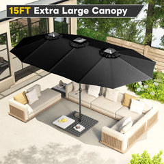 AECOJOY 15ft Patio Double-Sided Umbrella, 156 PCS Solar LED Light Outdoor Large Umbrella, Black