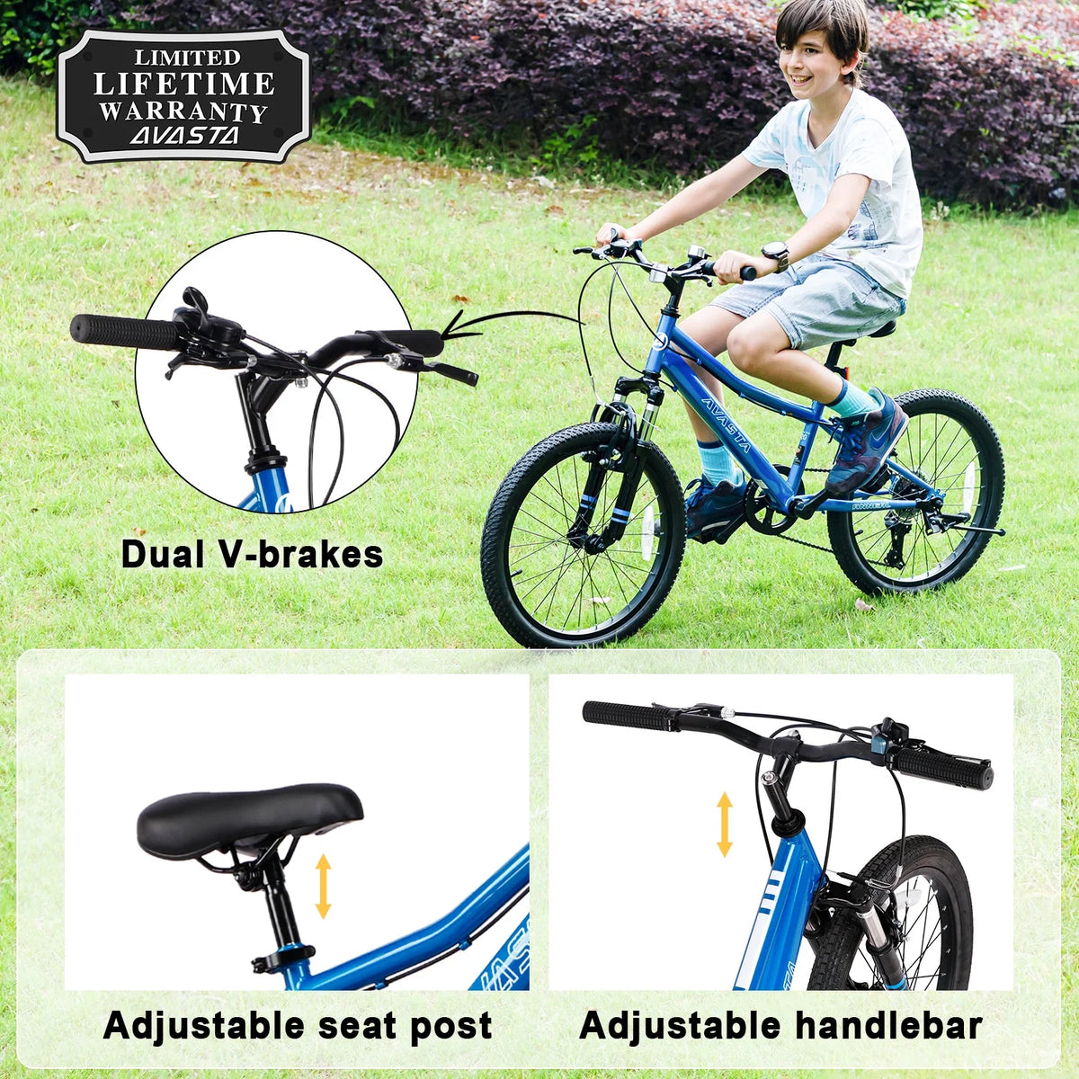 AVASTA 20'' Big Kids Mountain Bike for Age 6 7 8 9 10 11 12 Years Old Boys Girls Teen with Suspension Fork Front & Rear Dual Hand Brakes 6 Speeds Drivetrain, Cyan