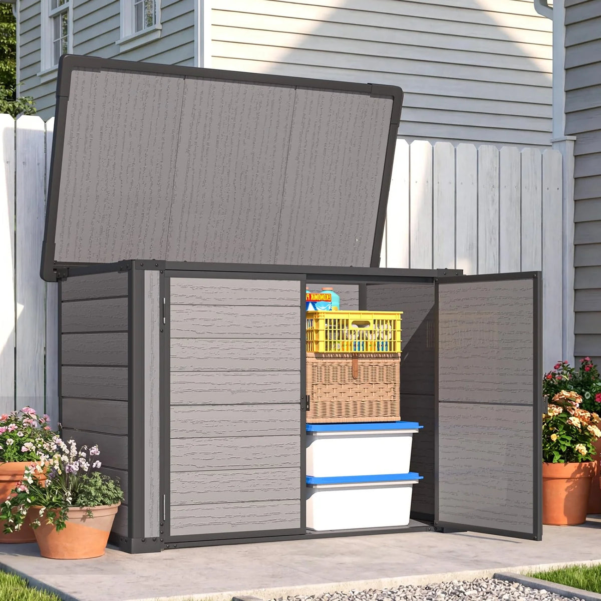 AECOJOY Resin Outdoor Storage Cabinet 23 Cu.Ft Plastic Trash Can Storage Shed with Base