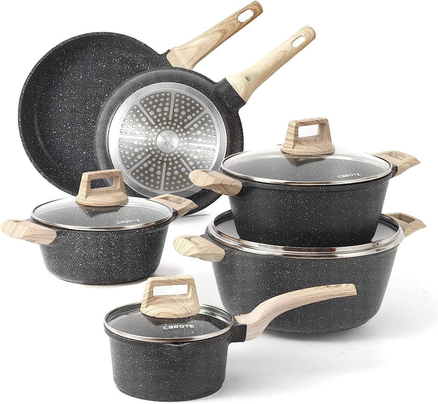 Carote Nonstick Granite Cookware Sets, 10 Pcs Pots and Pans Set, Non Stick Stone Kitchen Cookware Set with Frying Pans(Granite, Induction Cookware)