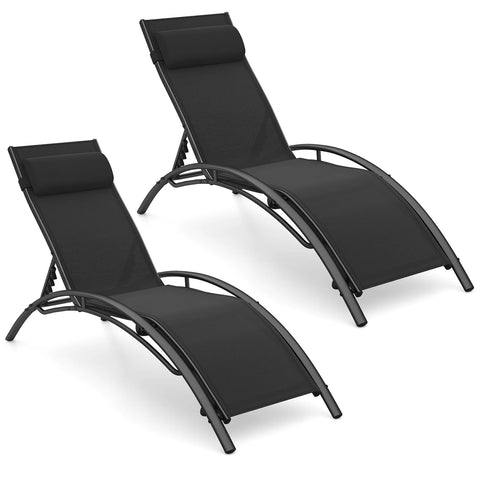 Tangkula Patio Chaise Lounges with 5-Position Backrest-Black