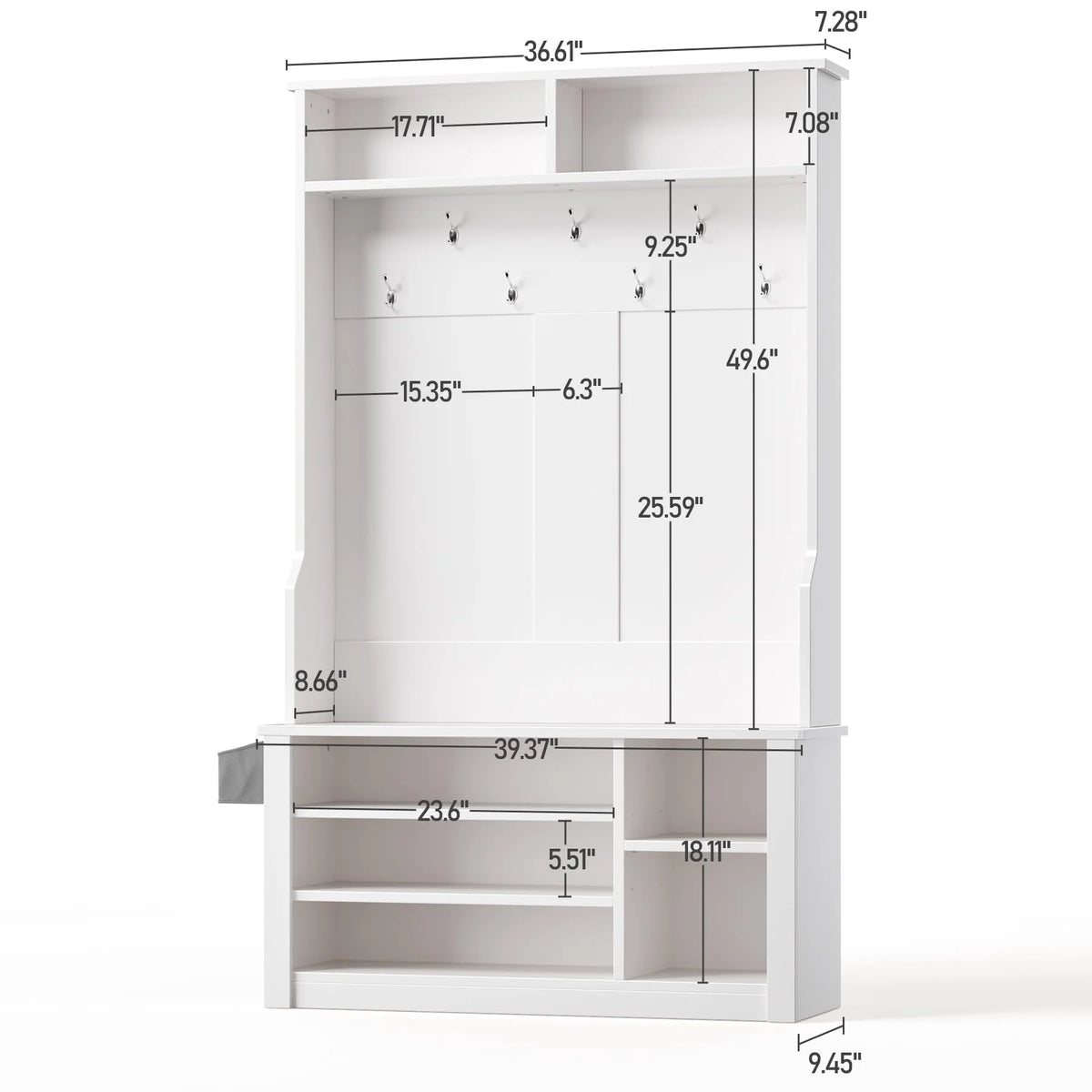 Lofka 5 - in - 1 Hall Tree with Bench and Shoe Storage, Entryway Hall Tree with Coat Rack, Adjustable Shoe Storage, 2 - Tier Top Storage, White