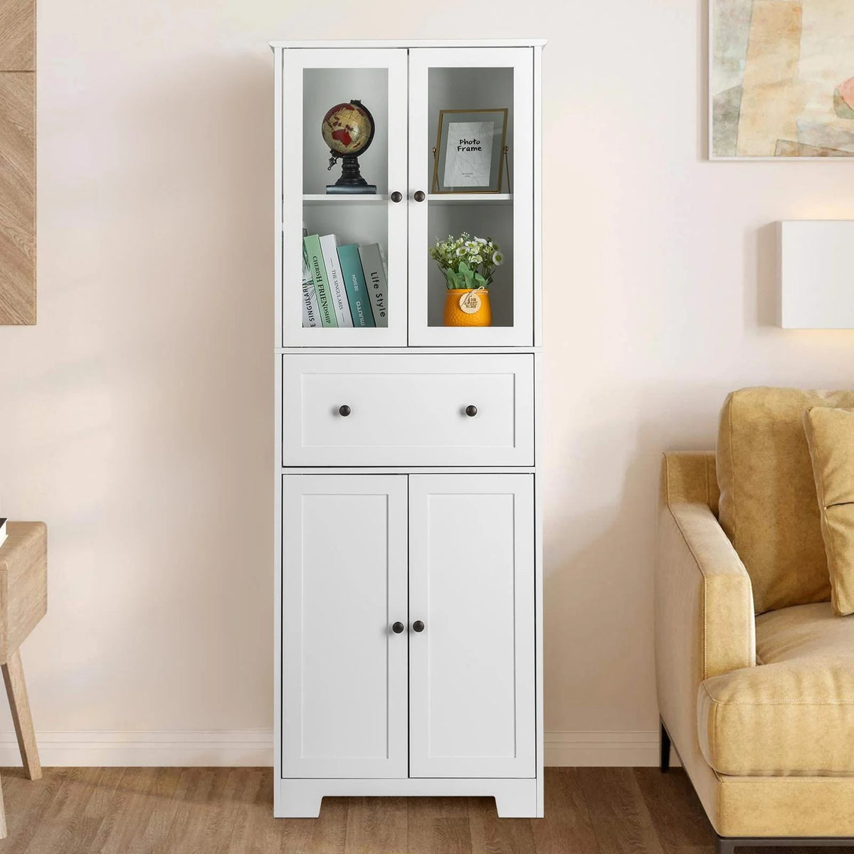 Ktaxon 64" Tall Bathroom Storage Cabinet Organizer, Freestanding Kitchen Pantry Cabinet Line Tower with 2 Glass Doors, Large Drawer & 4 Adjustable Shelves for Dining Room Living Room Home Office, White