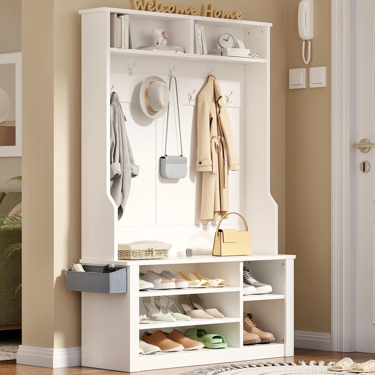 Lofka 5 - in - 1 Hall Tree with Bench and Shoe Storage, Entryway Hall Tree with Coat Rack, Adjustable Shoe Storage, 2 - Tier Top Storage, White