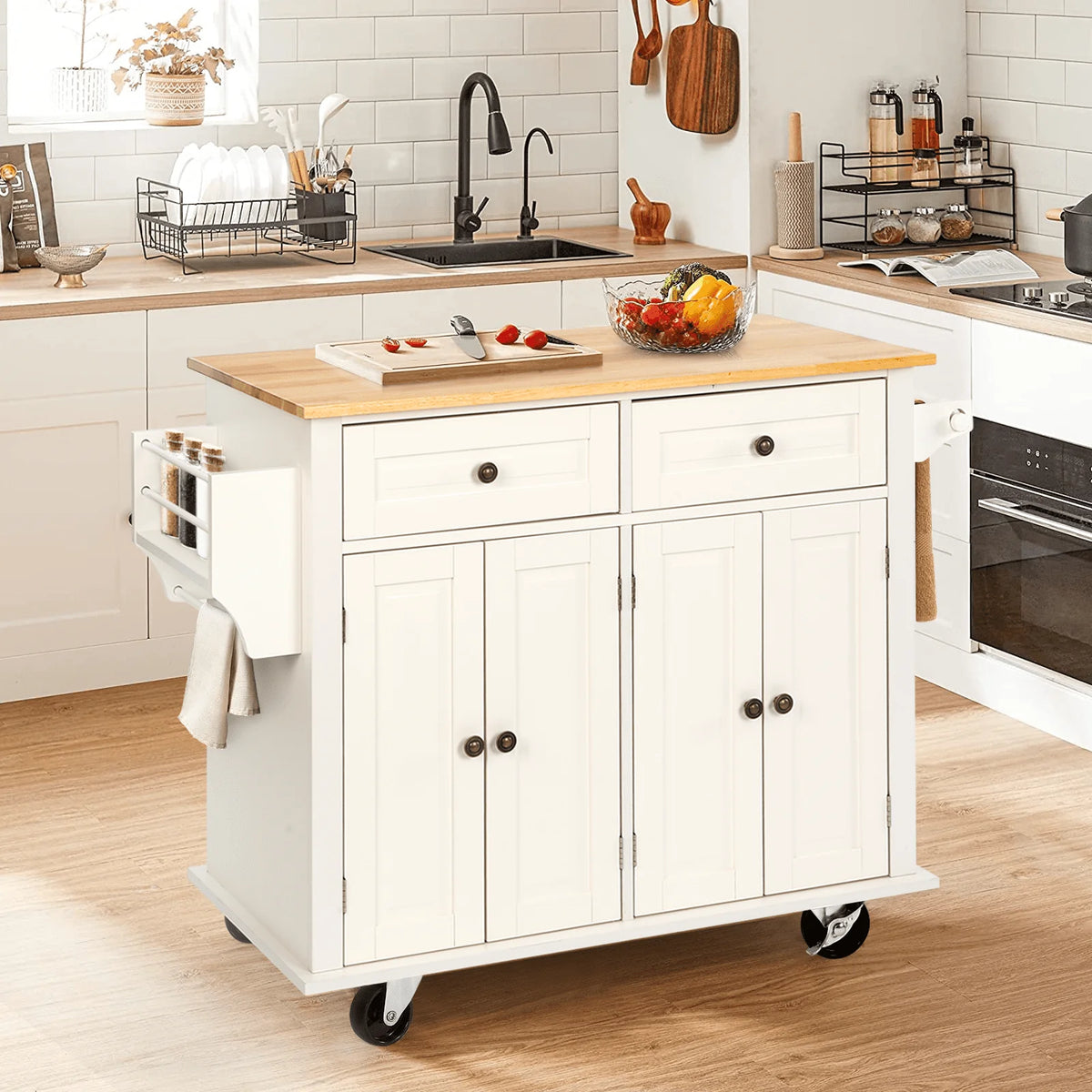 Richya Kitchen Island with Storage, Rolling Kitchen Cart with Lockable Wheels, Rubber Wood Tabletop Kitchen Island Table for Kitchen, Living Room, White