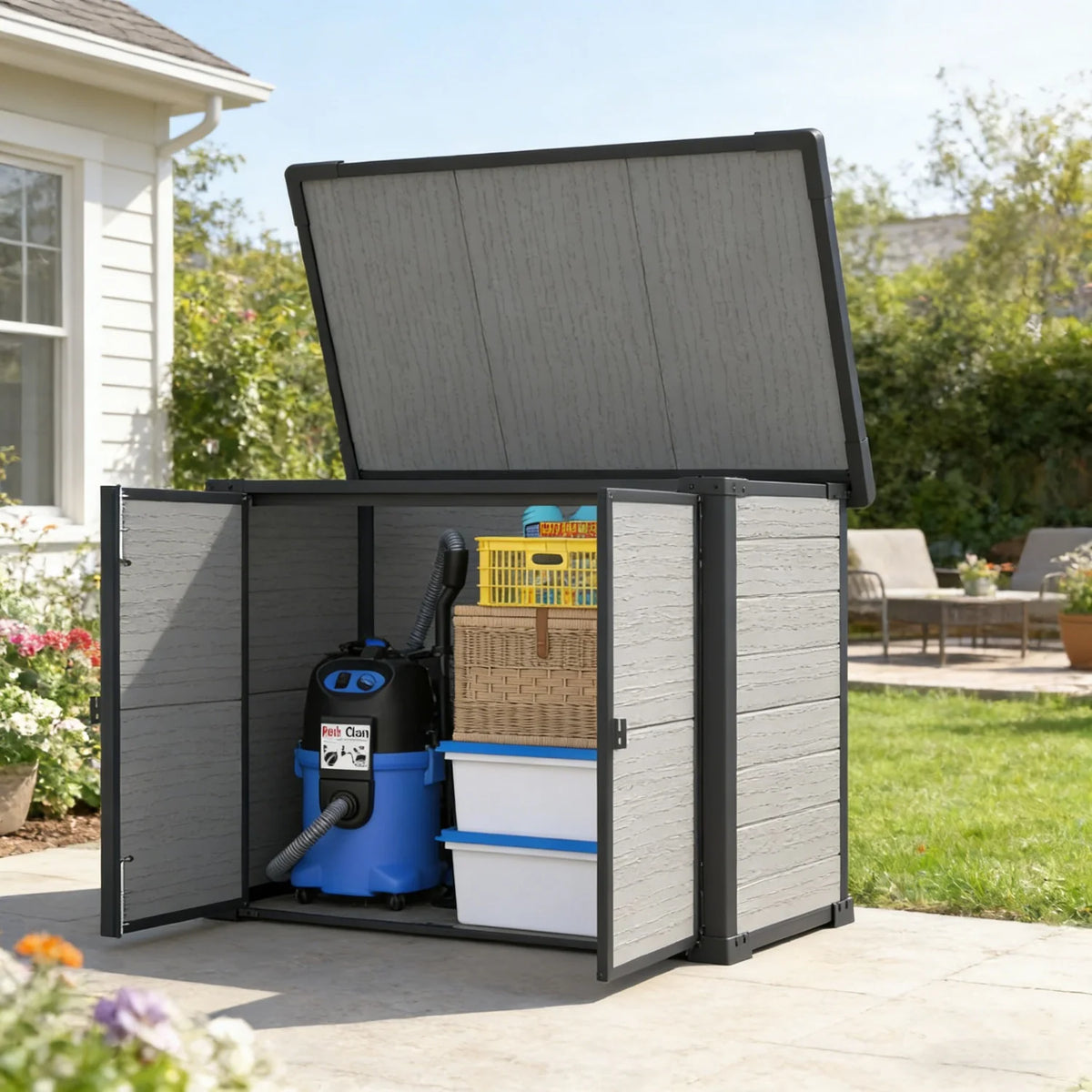 AECOJOY Resin Outdoor Storage Cabinet 23 Cu.Ft Plastic Trash Can Storage Shed with Base