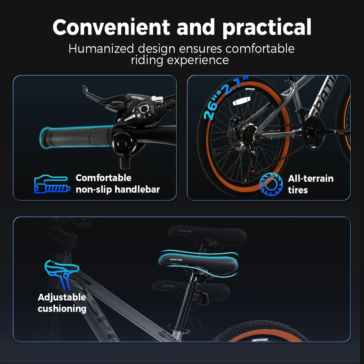 SPATIAL 24/26/27.5/29 in Mountain Bike, 8/21 Speed Lightweight Aluminum Magensium Frame Mountain Bicycle, Fits Men Women Teenagers Adult Disc Brake MTB Bicycle