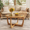 Round Wood Coffee Table with Glass Rattan Top, Wooden Circle Center Table with Curved Legs & Removeable Tempered Glasstop, Cocktail Table for Living Room, Light Brown 32.28" x 18.15"