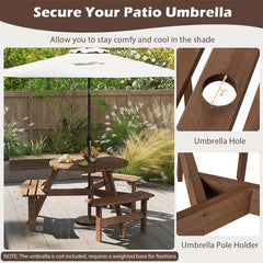 6-Person Round Wood Picnic Table Set with 3 Built-in Benches & 2" Umbrella Hole, Holds 1850 LBS, Outdoor Dining Table & Bench for Patio Garden