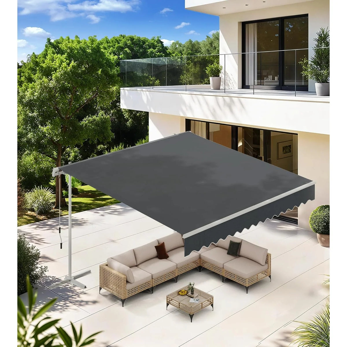 AECOJOY Free Standing Retractable Awning, 10'x8' Patio Awnings Outdoor Manual Sun Shade Shelter, Dark Grey