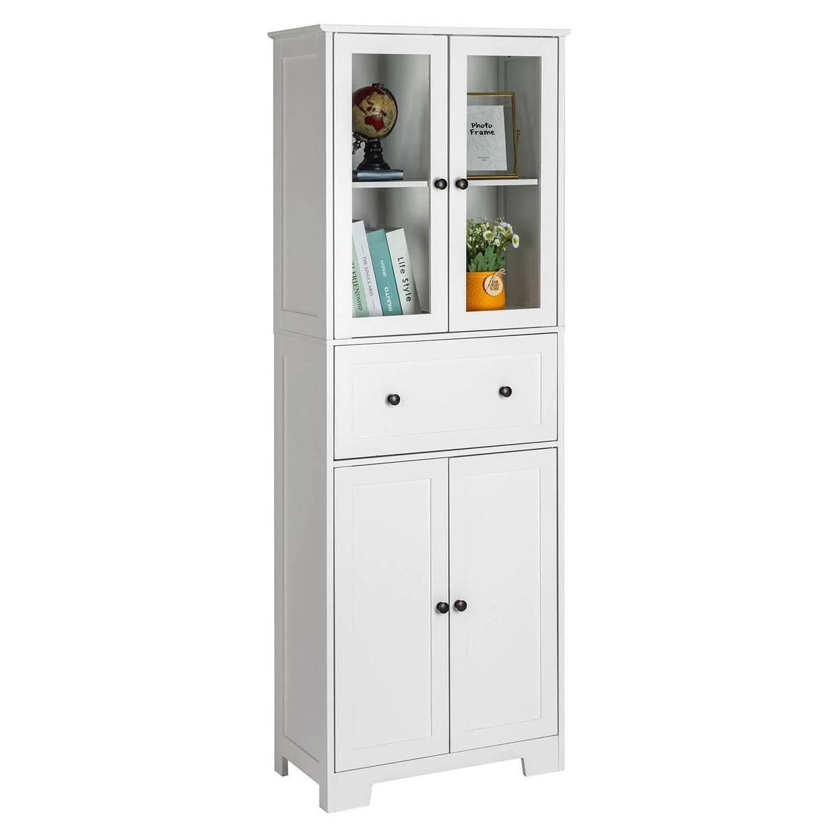 Ktaxon 64" Tall Bathroom Storage Cabinet Organizer, Freestanding Kitchen Pantry Cabinet Line Tower with 2 Glass Doors, Large Drawer & 4 Adjustable Shelves for Dining Room Living Room Home Office, White