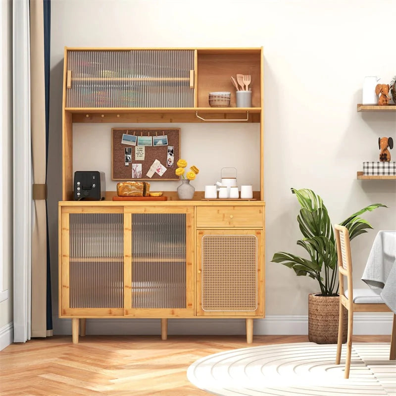 69" Tall Bamboo Kitchen Pantry Hutch Cabinet, Freestanding Buffet Sideboard with Rattan Door, Wine Storage & Microwave Countertop for Coffee Bar